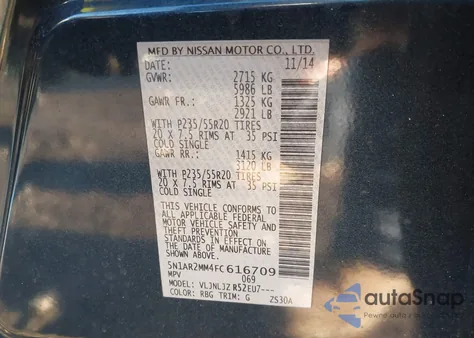2015 Nissan Pathfinder Platinum from USA, damaged, VIN 5N1AR2MM4FC616709